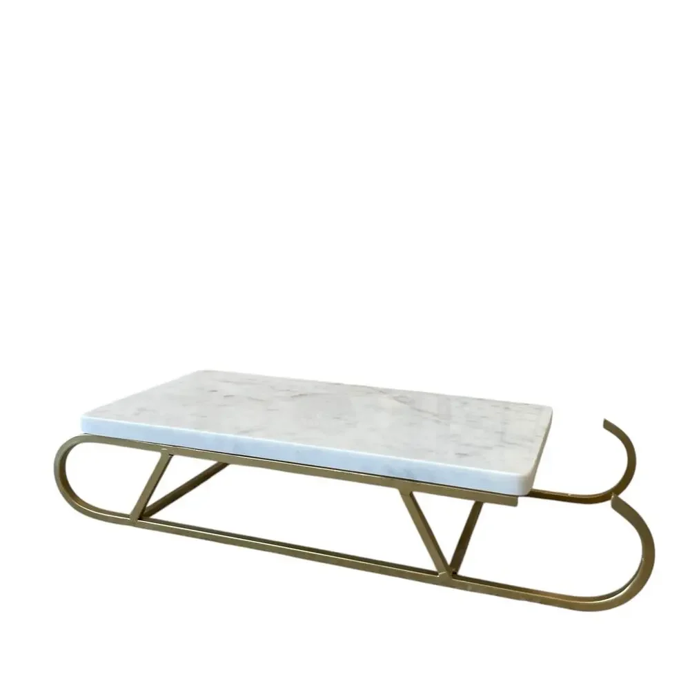 Marble Sledge Holiday Serving Tray 18x8 White & Gold Metal Handmade in India
